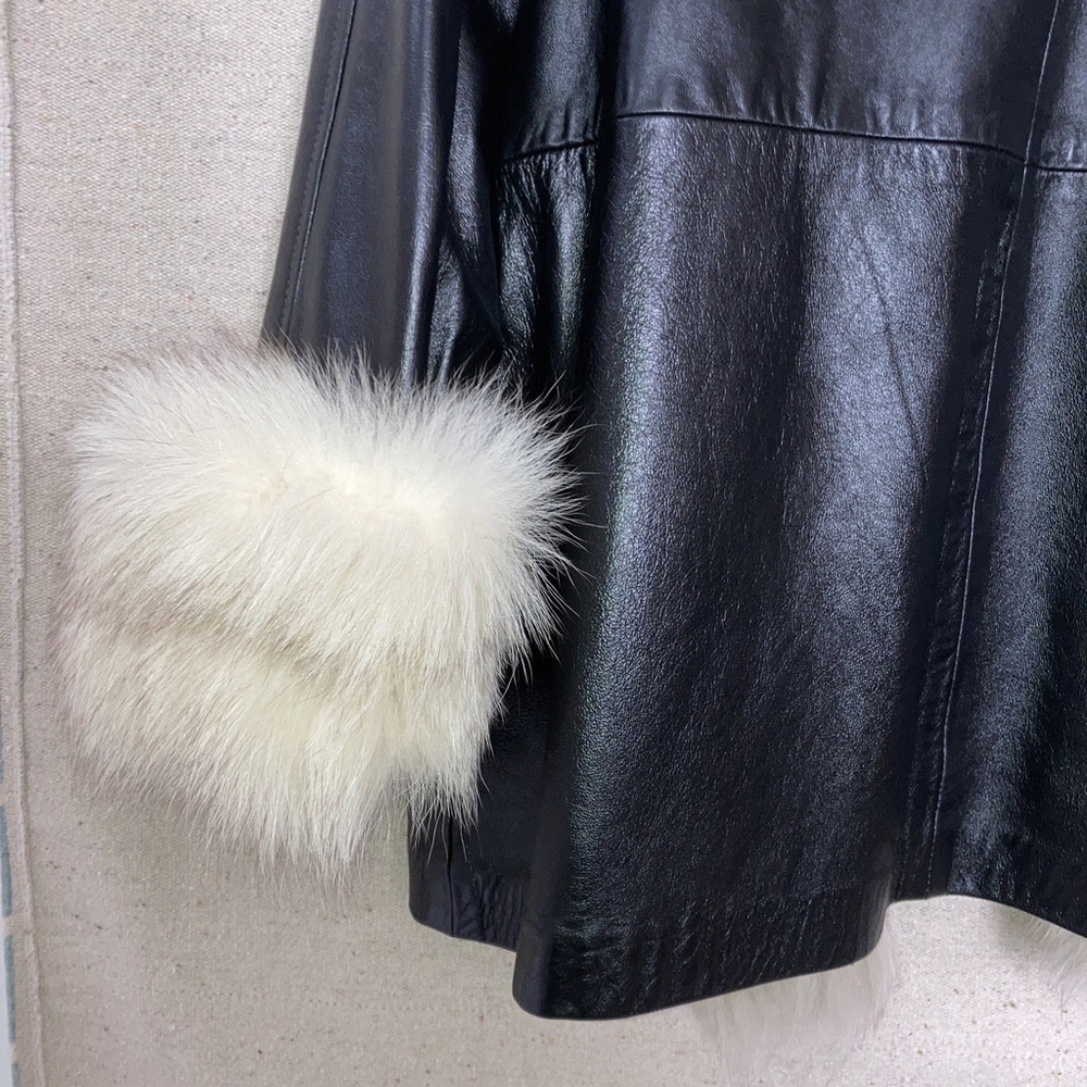 Vintage 60s Leather Penny Lane Fox Fur Collar Front Cuffs Trim Swing Coat Jacket - Picture 6 of 16